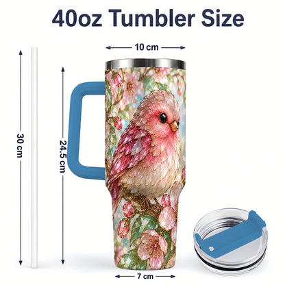 #pl[40oz|Blue] Pink Bird Blossom 40oz Tumbler, Faceted Floral Artwork for Daily Use