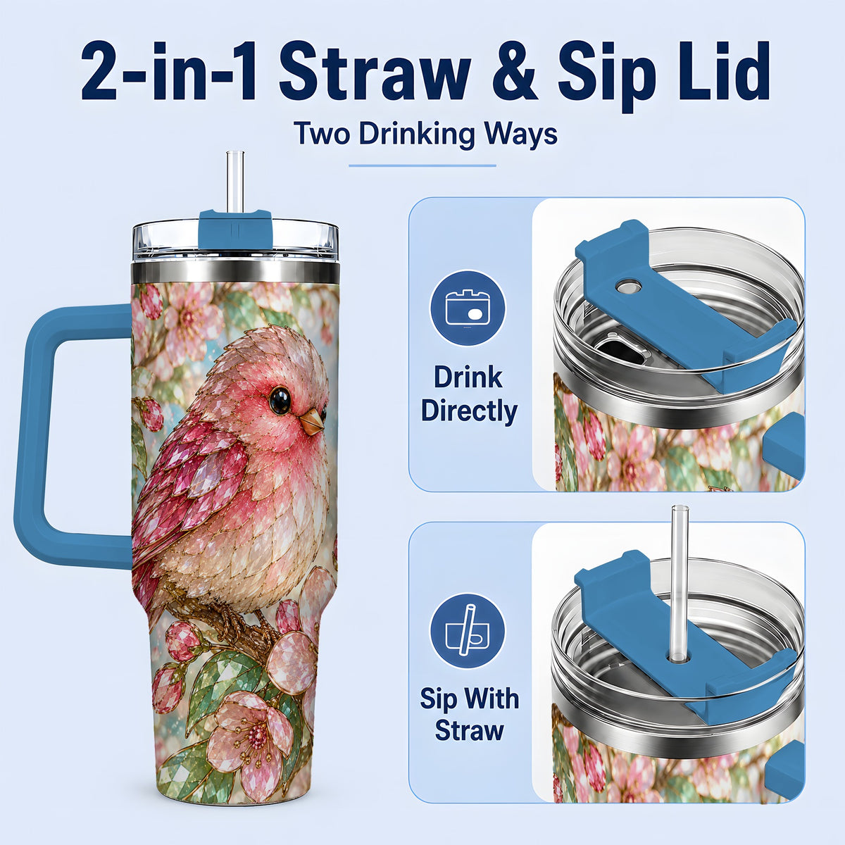 #pl[40oz|Blue] Pink Bird Blossom 40oz Tumbler, Faceted Floral Artwork for Daily Use