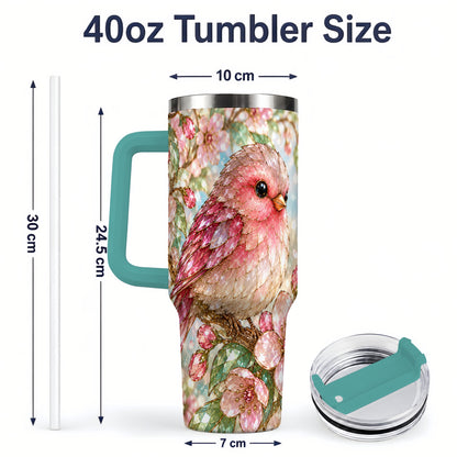 #pl[40oz|Green] Pink Bird Blossom 40oz Tumbler, Faceted Floral Artwork for Daily Use