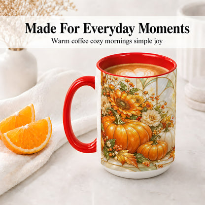 #pl[15oz|Red] Autumn Pumpkin Ceramic Mug, Sunflower and Fall Leaf Artwork
