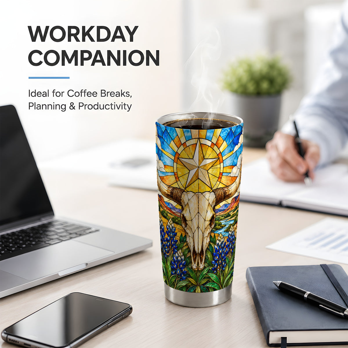 Western Cattle Skull 20oz Tumbler, Blue Floral Design for Western Fans