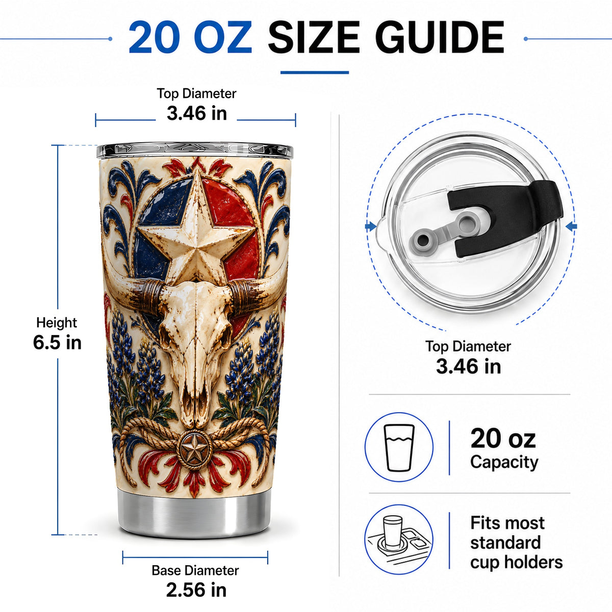 #pl[20oz|Steel] Western Cattle Skull 20oz Tumbler, Star Floral Design for Western Fans