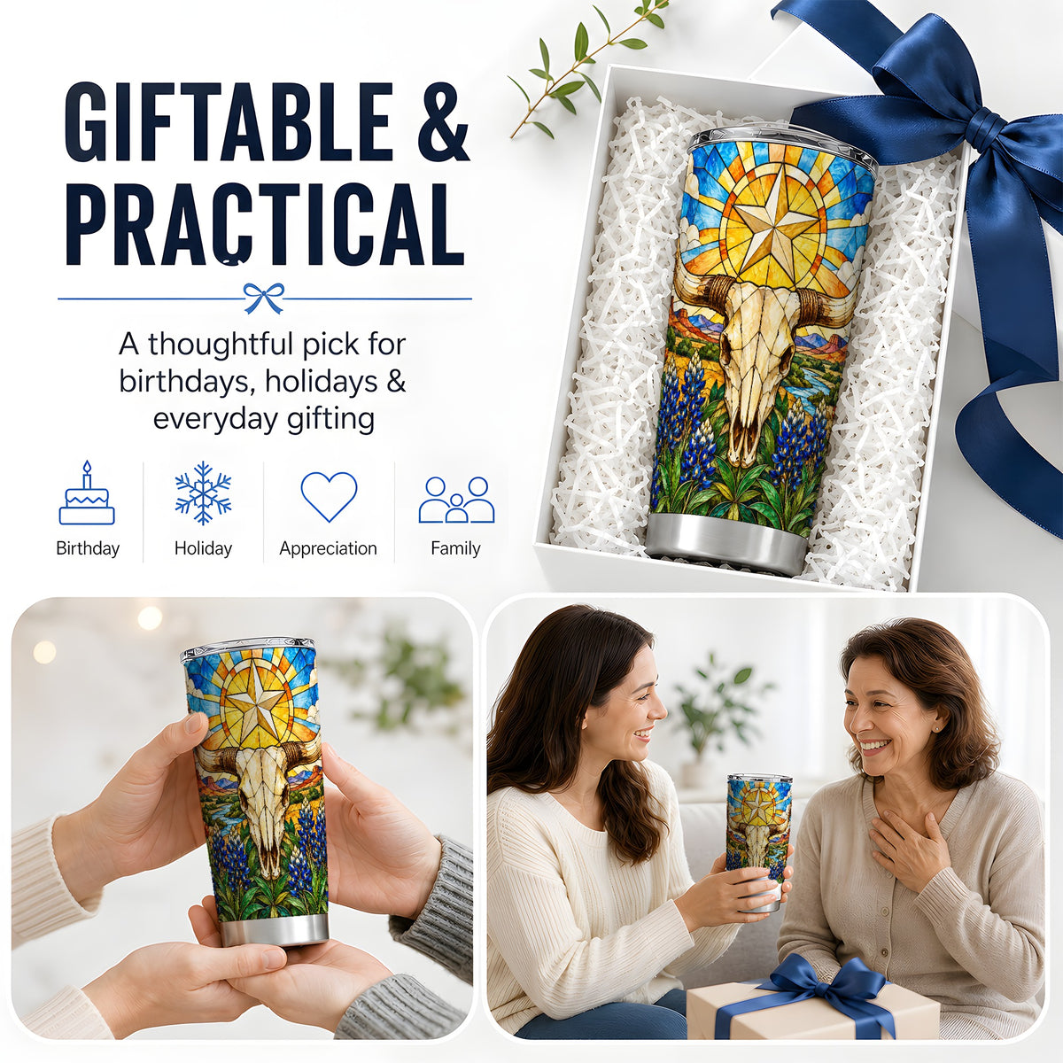 Western Cattle Skull 20oz Tumbler, Blue Floral Design for Western Fans