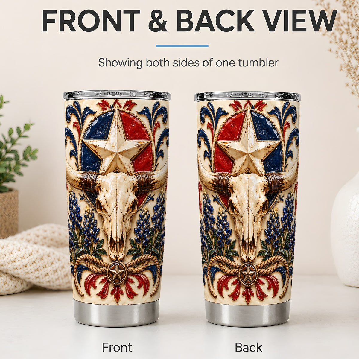 #pl[20oz|Steel] Western Cattle Skull 20oz Tumbler, Star Floral Design for Western Fans