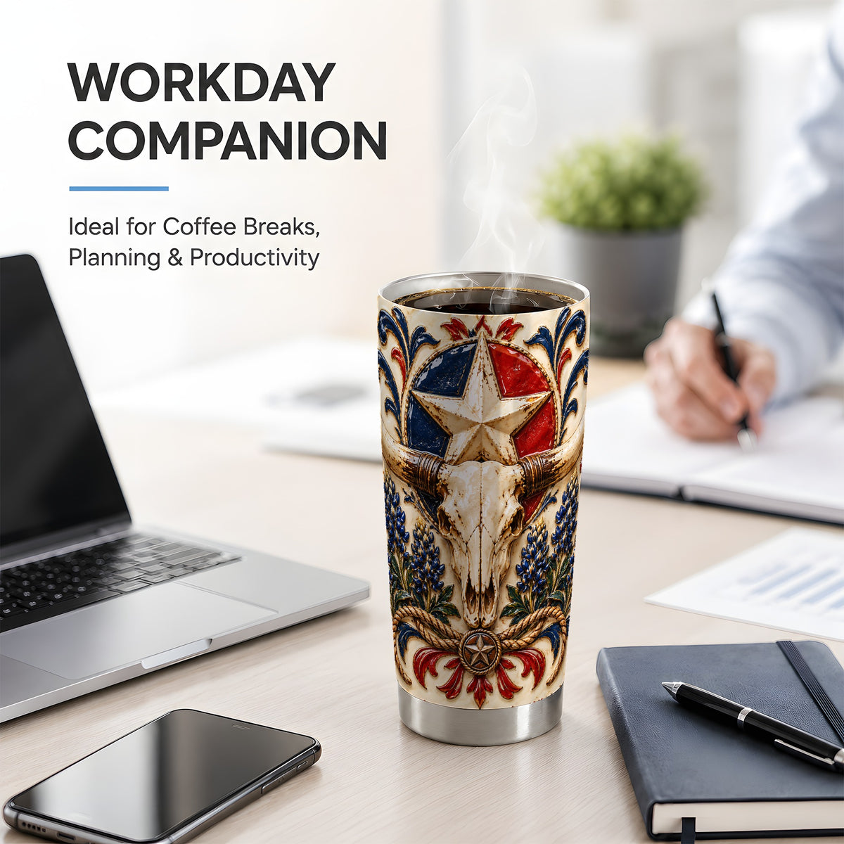 Western Cattle Skull 20oz Tumbler, Star Floral Design for Western Fans
