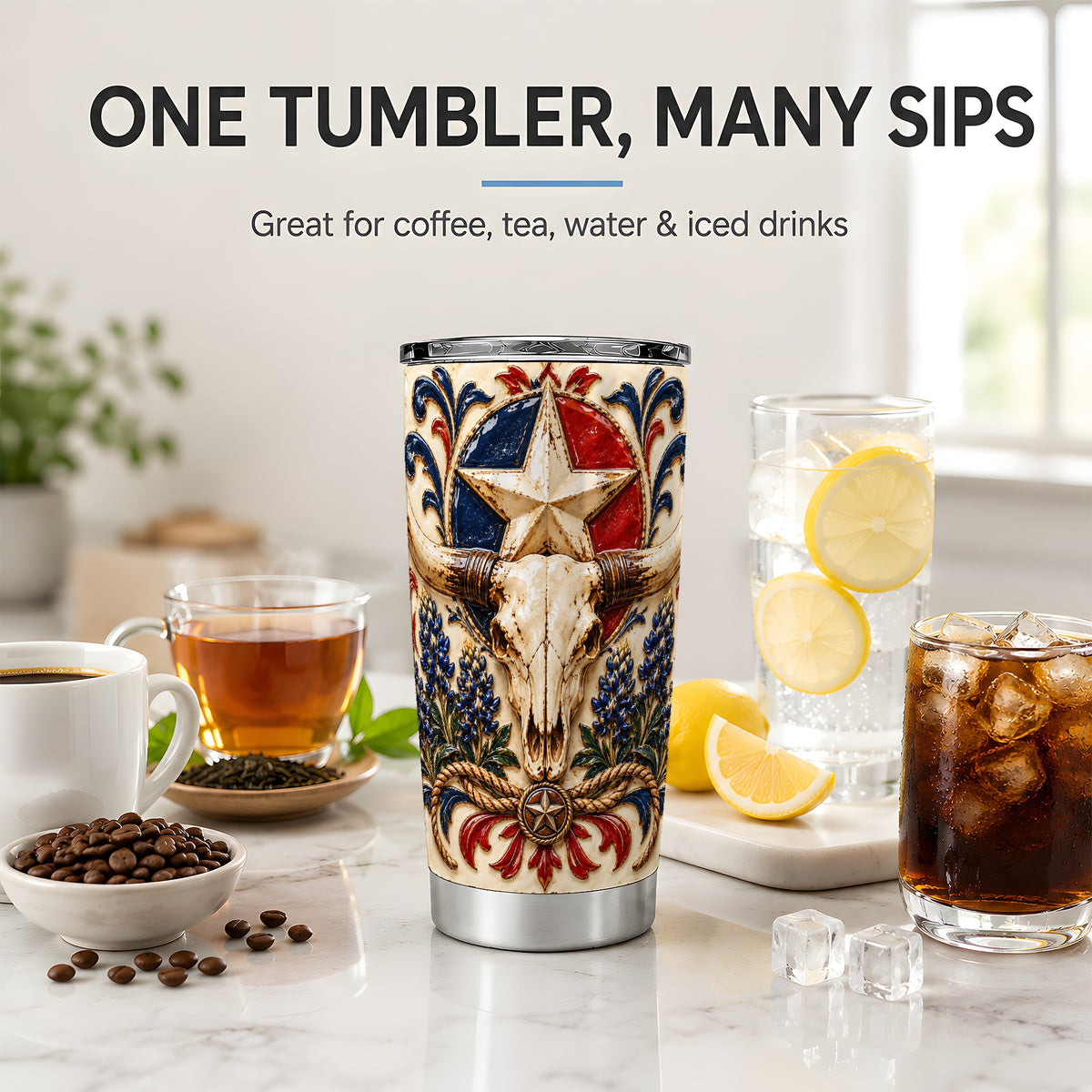 Western Cattle Skull 20oz Tumbler, Star Floral Design for Western Fans
