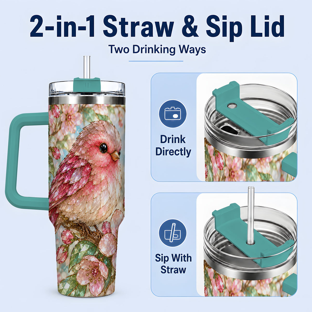 #pl[40oz|Green] Pink Bird Blossom 40oz Tumbler, Faceted Floral Artwork for Daily Use