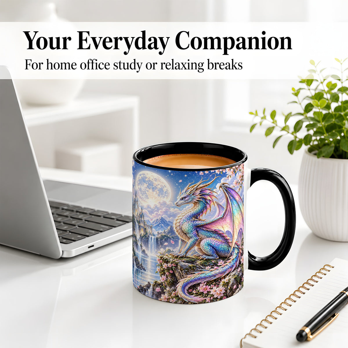 #pl[11oz|Black] Fantasy Dragon Ceramic Mug, Moon Castle Artwork for Dragon Fans