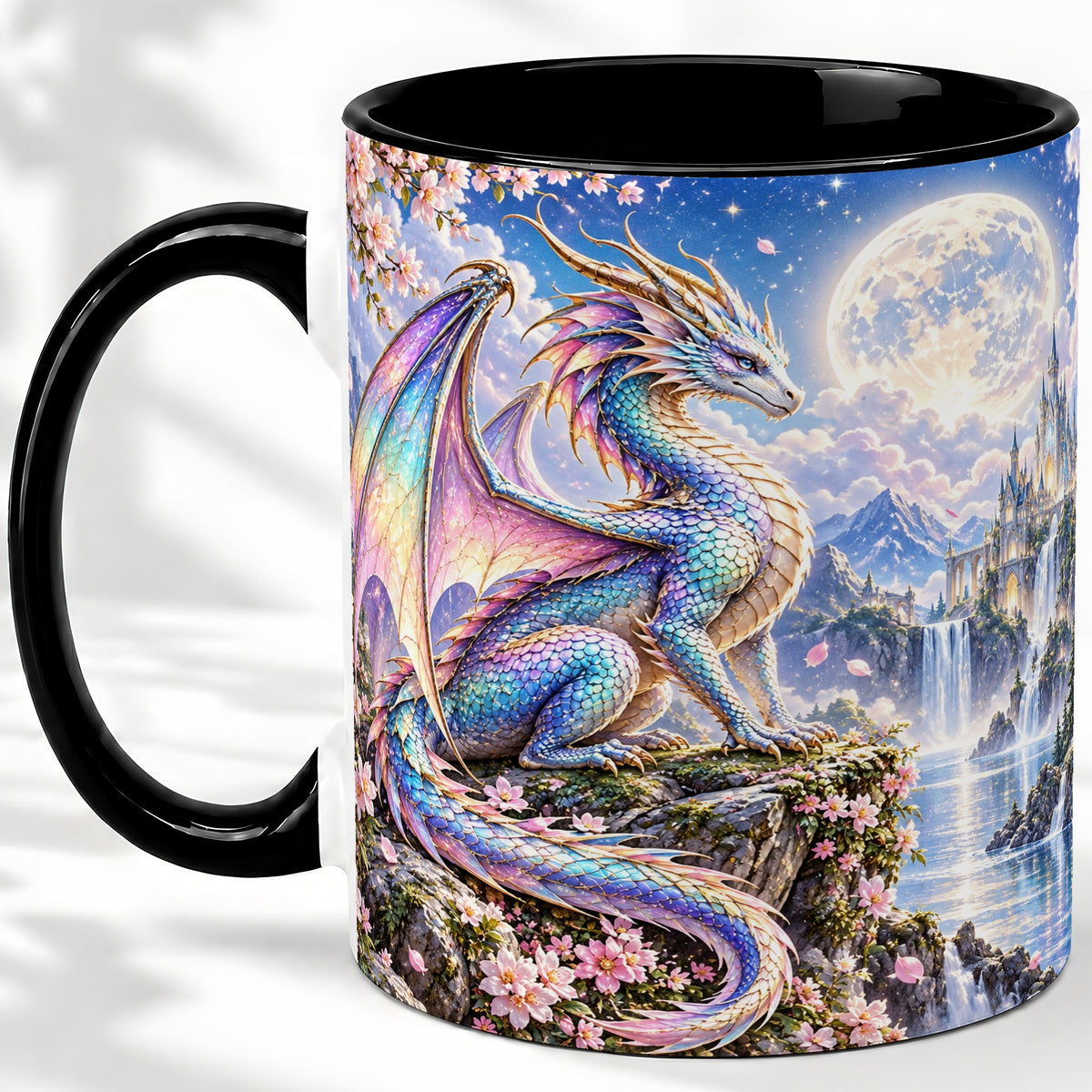 #pl[11oz|Black] Fantasy Dragon Ceramic Mug, Moon Castle Artwork for Dragon Fans