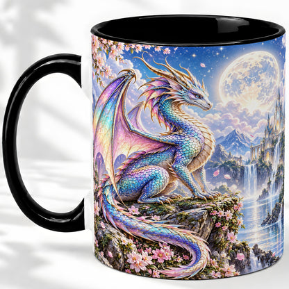 #pl[11oz|Black] Fantasy Dragon Ceramic Mug, Moon Castle Artwork for Dragon Fans