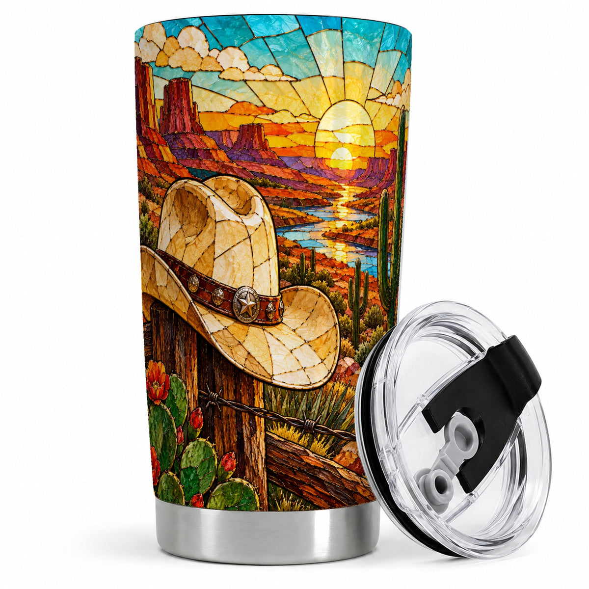 Western Cowboy Hat 20oz Tumbler, Desert Sunset Drinkware for Ranch Fans