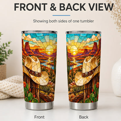 #pl[20oz|Steel] Western Cowboy Hat 20oz Tumbler, Desert Sunset Drinkware for Ranch Fans