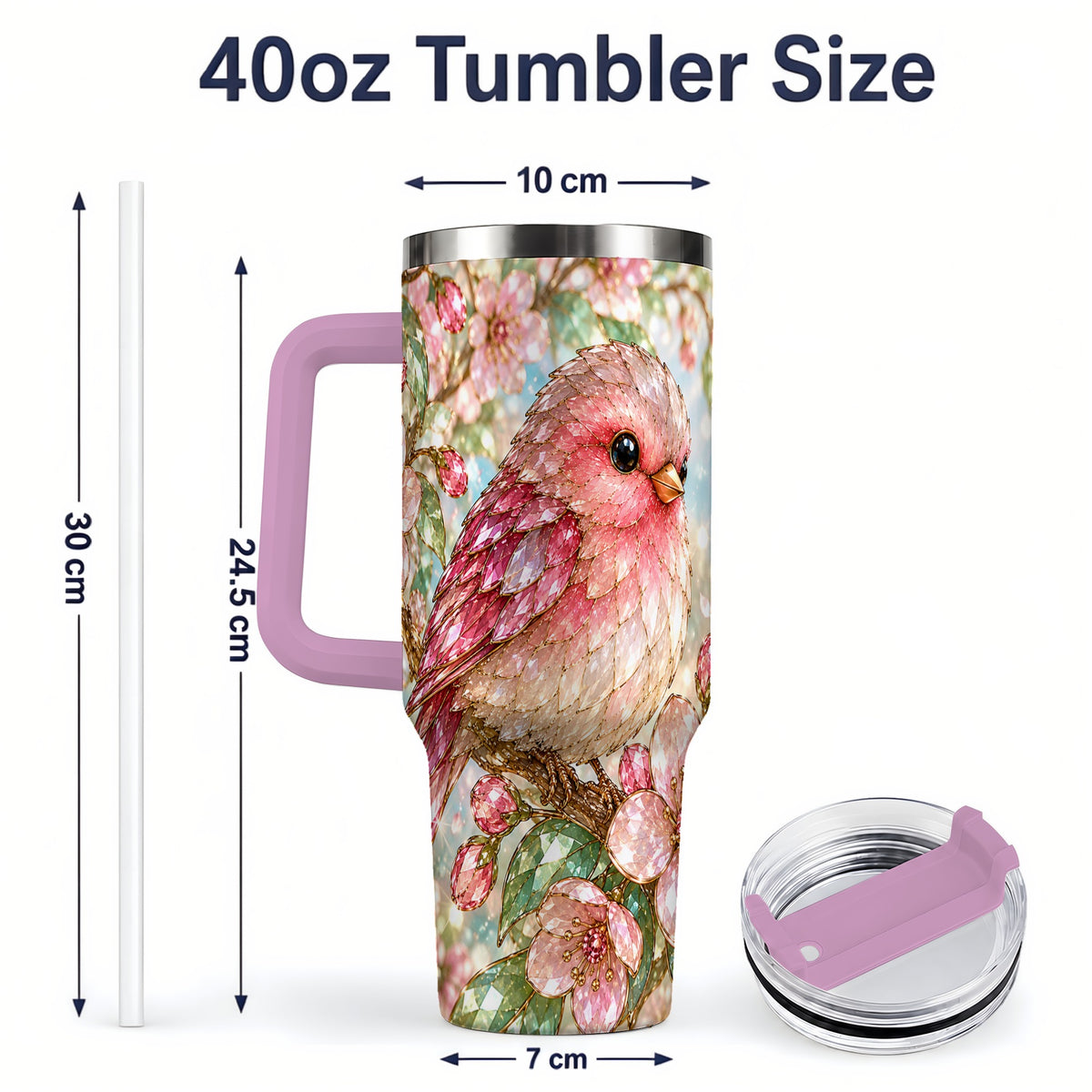 #pl[40oz|Pink] Pink Bird Blossom 40oz Tumbler, Faceted Floral Artwork for Daily Use
