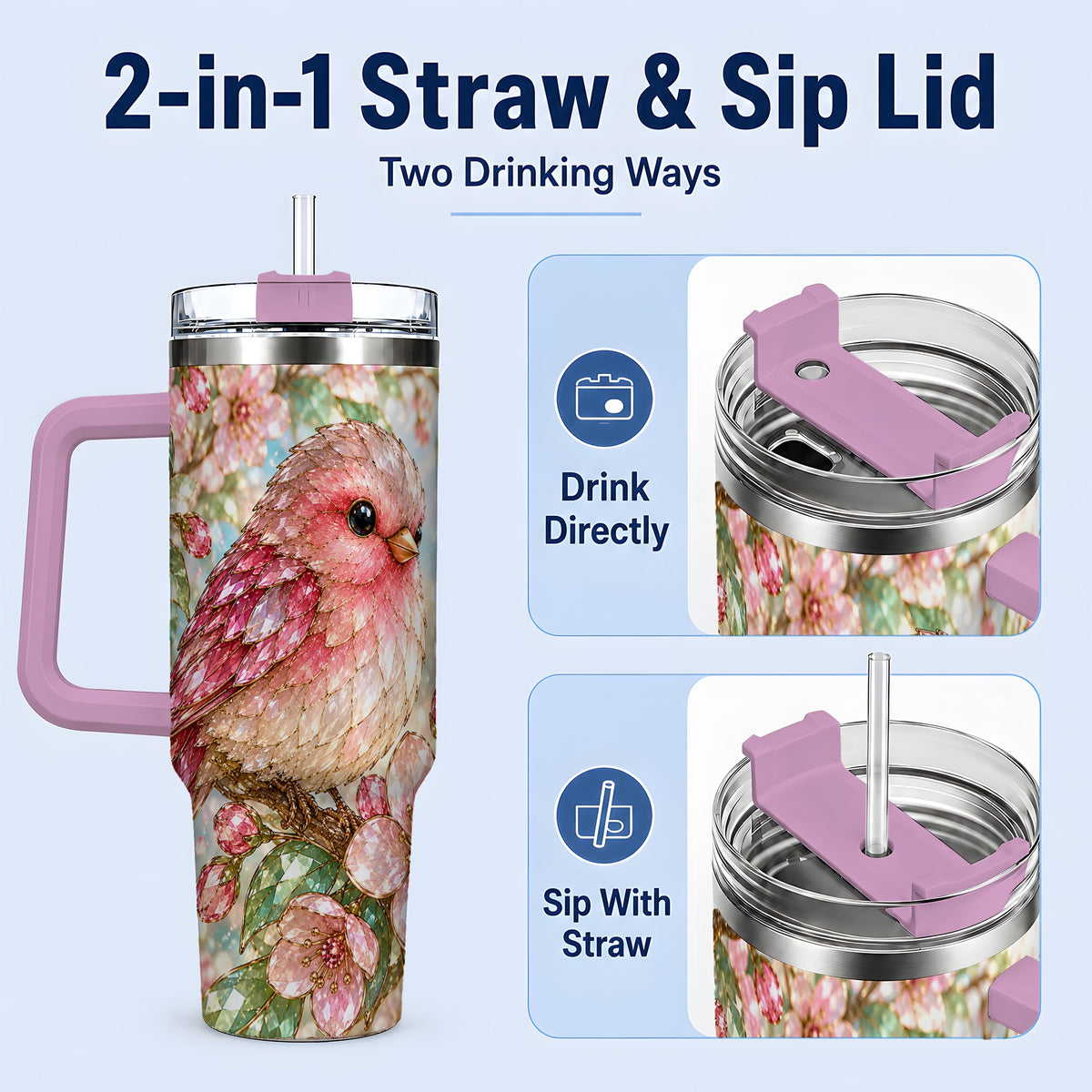 #pl[40oz|Pink] Pink Bird Blossom 40oz Tumbler, Faceted Floral Artwork for Daily Use