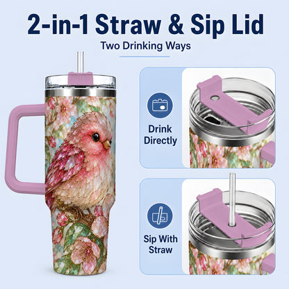 #pl[40oz|Pink] Pink Bird Blossom 40oz Tumbler, Faceted Floral Artwork for Daily Use