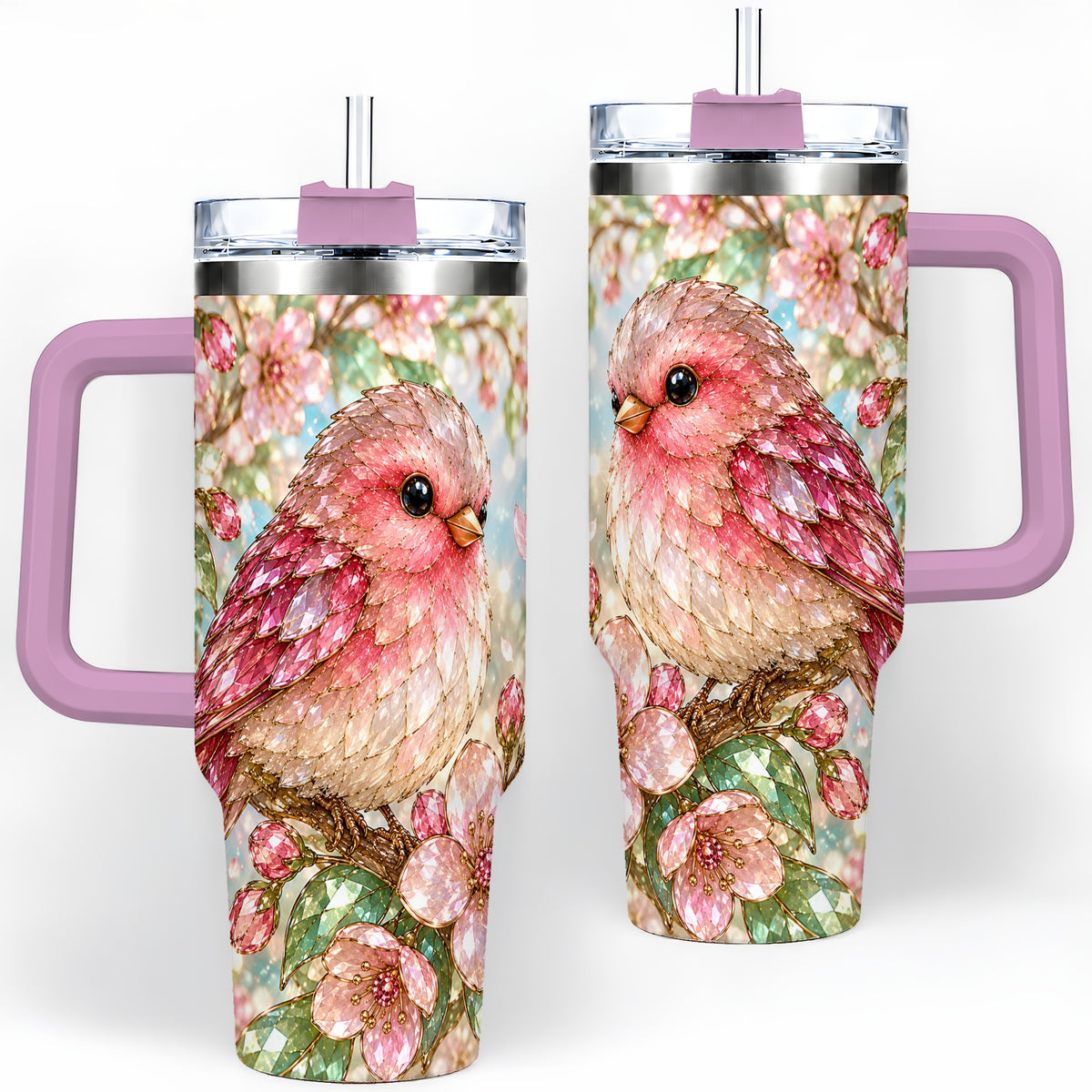 #pl[40oz|Pink] Pink Bird Blossom 40oz Tumbler, Faceted Floral Artwork for Daily Use