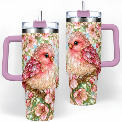 #pl[40oz|Pink] Pink Bird Blossom 40oz Tumbler, Faceted Floral Artwork for Daily Use