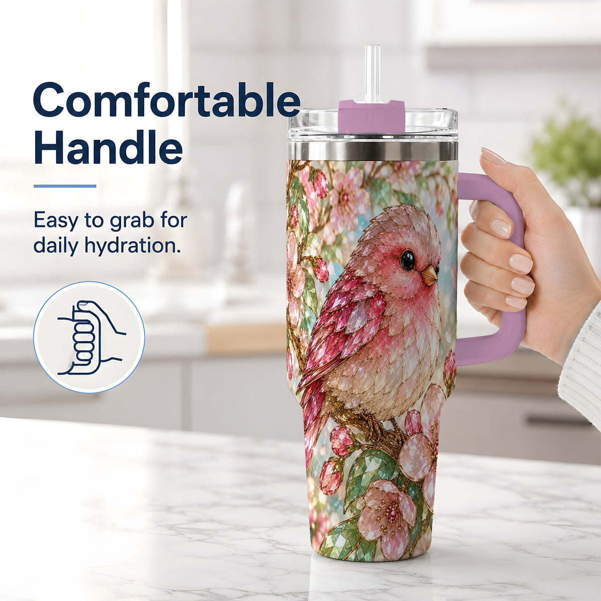 #pl[40oz|Pink] Pink Bird Blossom 40oz Tumbler, Faceted Floral Artwork for Daily Use
