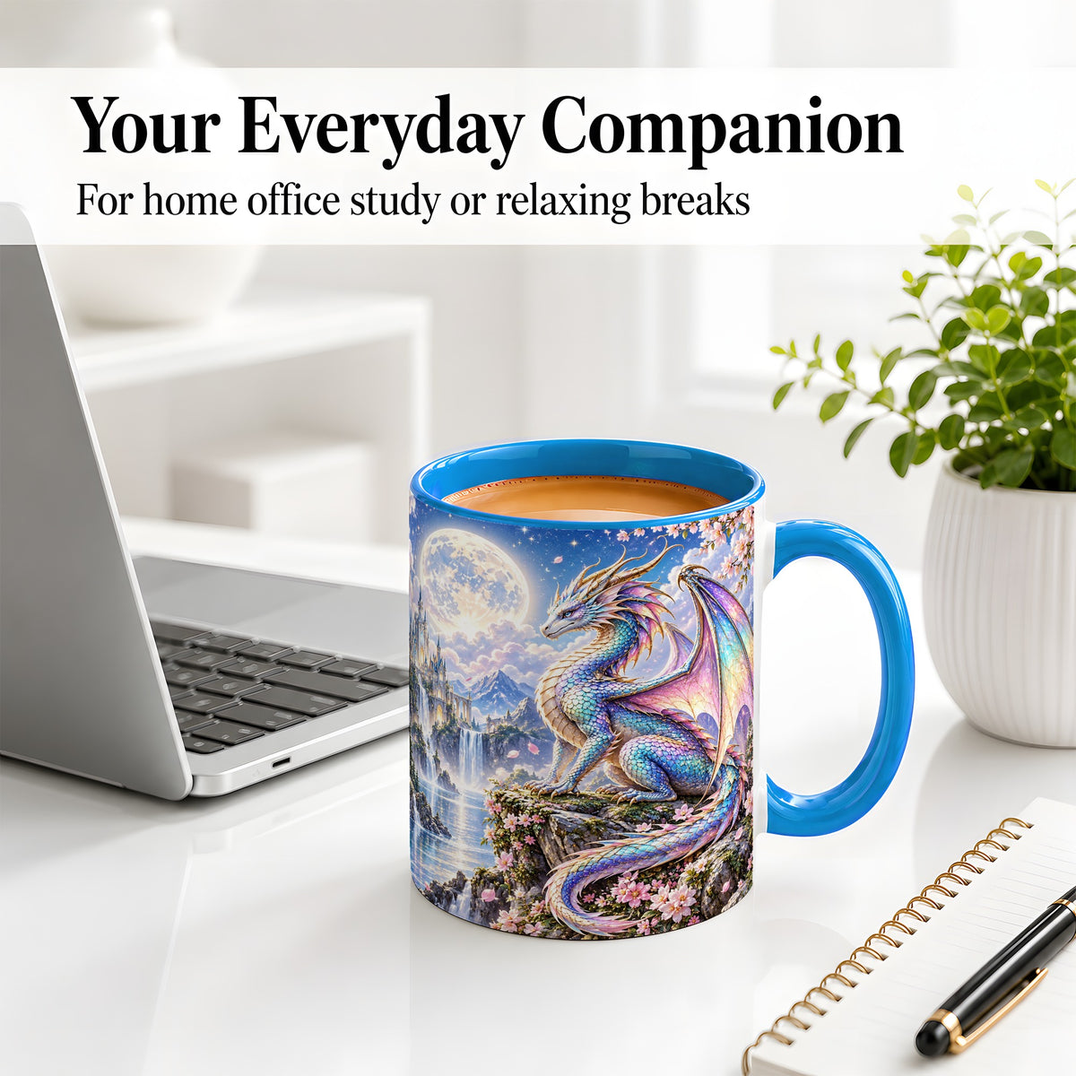 #pl[11oz|Blue] Fantasy Dragon Ceramic Mug, Moon Castle Artwork for Dragon Fans