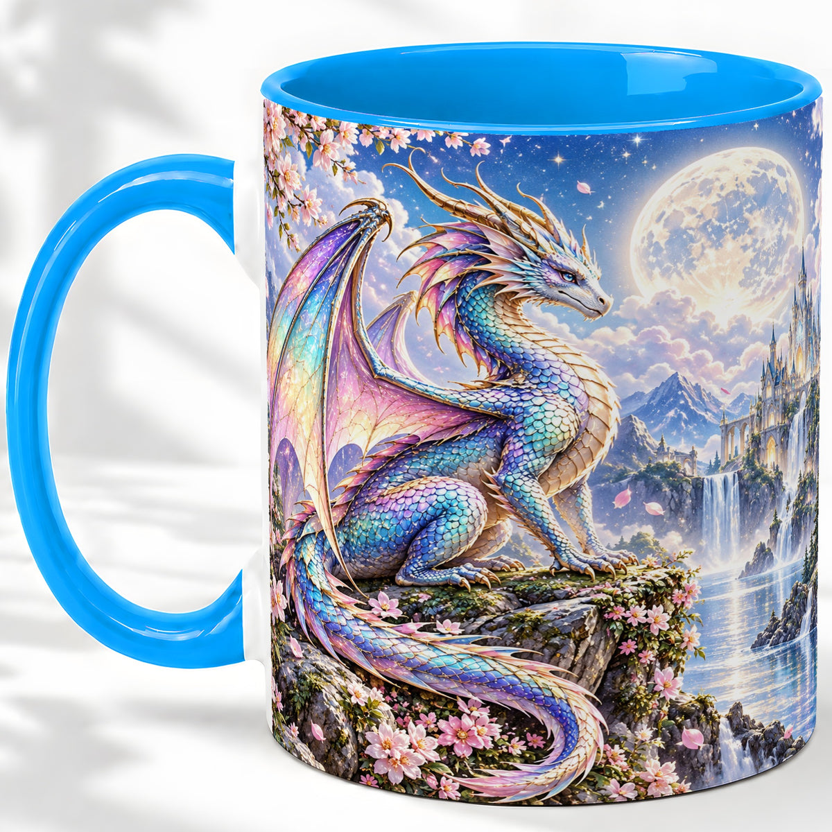 #pl[11oz|Blue] Fantasy Dragon Ceramic Mug, Moon Castle Artwork for Dragon Fans