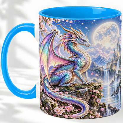 #pl[11oz|Blue] Fantasy Dragon Ceramic Mug, Moon Castle Artwork for Dragon Fans