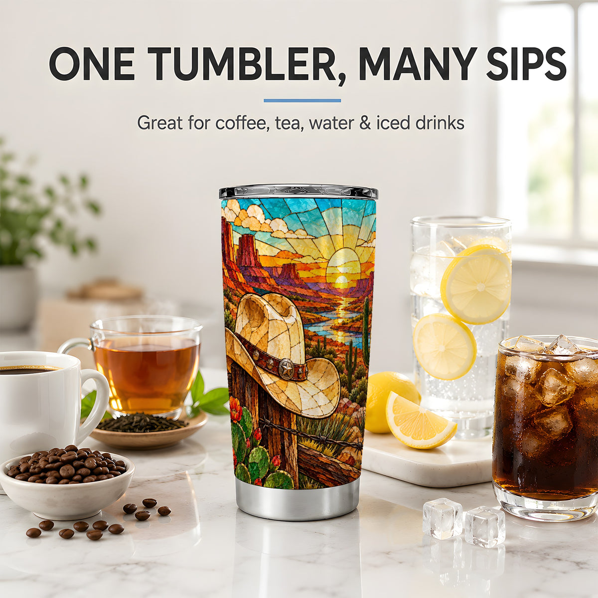 Western Cowboy Hat 20oz Tumbler, Desert Sunset Drinkware for Ranch Fans