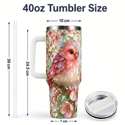 #pl[40oz|White] Pink Bird Blossom 40oz Tumbler, Faceted Floral Artwork for Daily Use