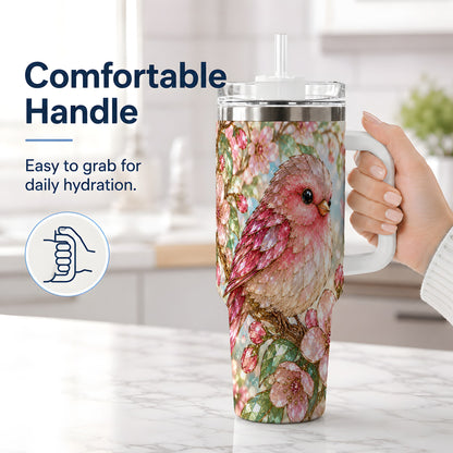 #pl[40oz|White] Pink Bird Blossom 40oz Tumbler, Faceted Floral Artwork for Daily Use
