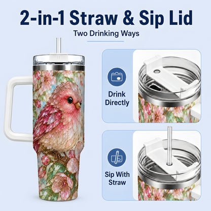 #pl[40oz|White] Pink Bird Blossom 40oz Tumbler, Faceted Floral Artwork for Daily Use