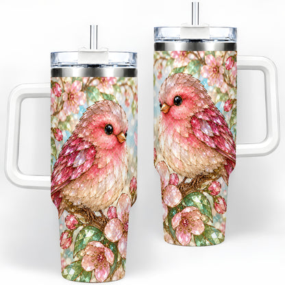Pink Bird Blossom 40oz Tumbler, Faceted Floral Artwork for Daily Use