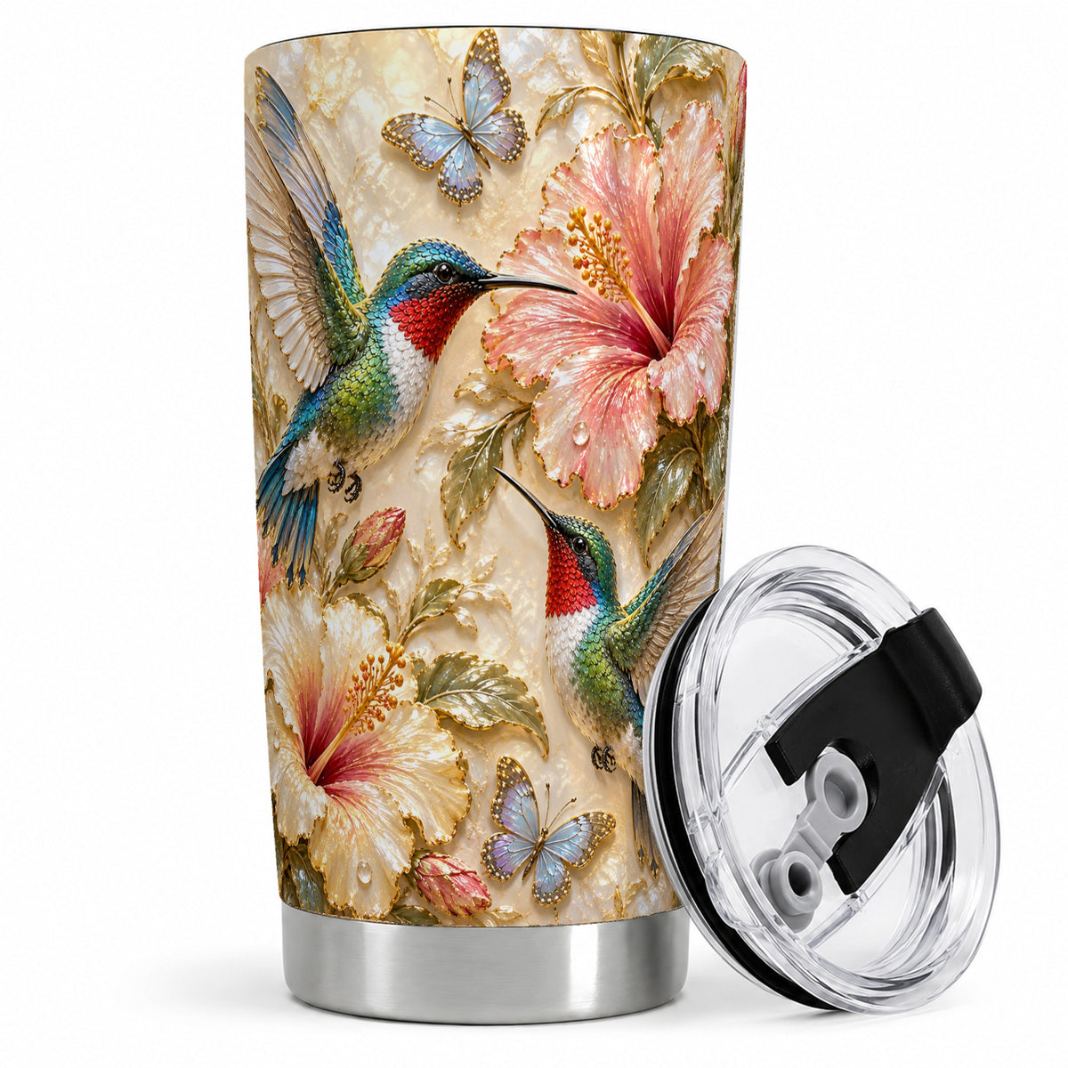 Tropical Hummingbird 20oz Tumbler, Hibiscus Drinkware for Bird Lovers