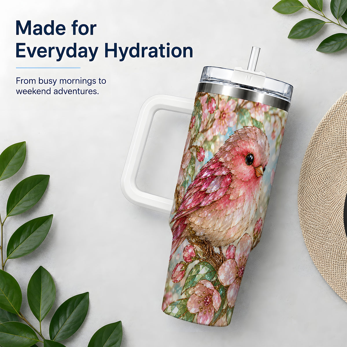 Pink Bird Blossom 40oz Tumbler, Faceted Floral Artwork for Daily Use