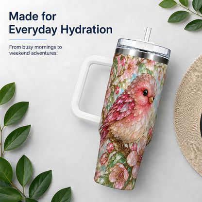 Pink Bird Blossom 40oz Tumbler, Faceted Floral Artwork for Daily Use