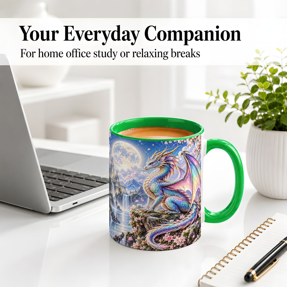#pl[11oz|Green] Fantasy Dragon Ceramic Mug, Moon Castle Artwork for Dragon Fans