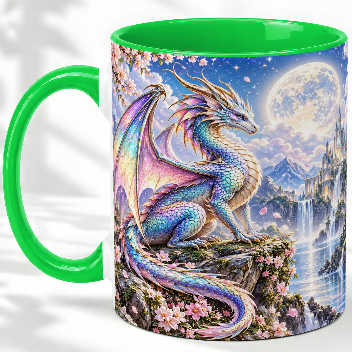 #pl[11oz|Green] Fantasy Dragon Ceramic Mug, Moon Castle Artwork for Dragon Fans