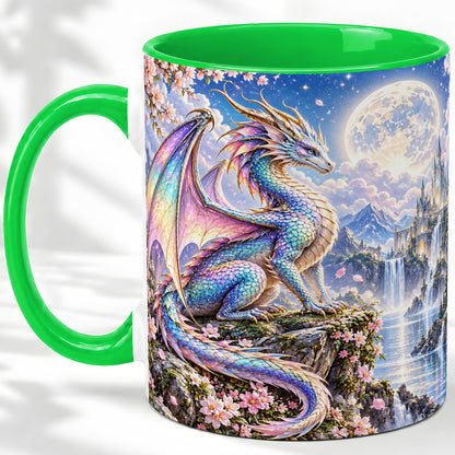 #pl[11oz|Green] Fantasy Dragon Ceramic Mug, Moon Castle Artwork for Dragon Fans