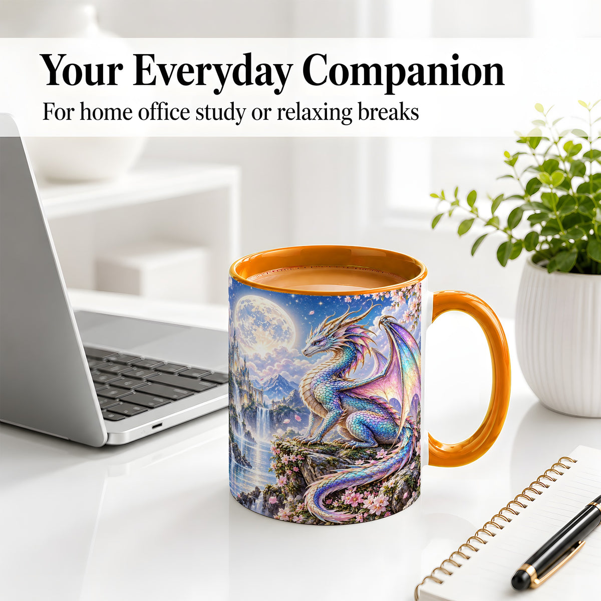 #pl[11oz|Orange] Fantasy Dragon Ceramic Mug, Moon Castle Artwork for Dragon Fans