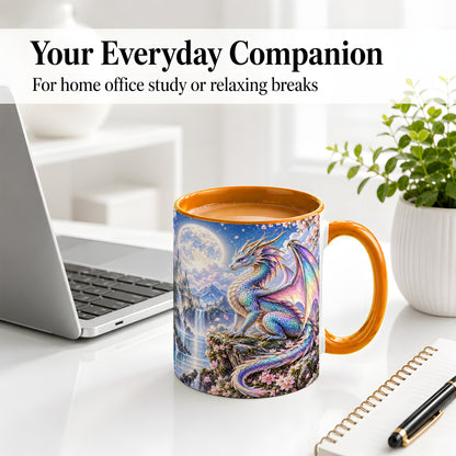 #pl[11oz|Orange] Fantasy Dragon Ceramic Mug, Moon Castle Artwork for Dragon Fans