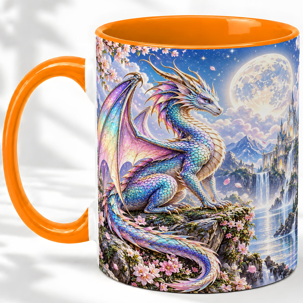 #pl[11oz|Orange] Fantasy Dragon Ceramic Mug, Moon Castle Artwork for Dragon Fans