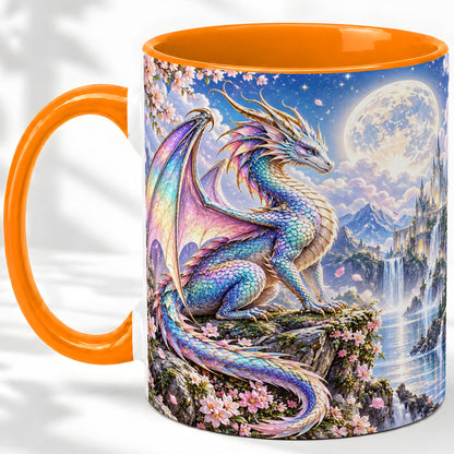#pl[11oz|Orange] Fantasy Dragon Ceramic Mug, Moon Castle Artwork for Dragon Fans