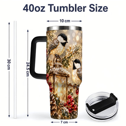 #pl[40oz|Black] Winter Chickadee 40oz Tumbler, Lantern and Red Berry Bird Artwork