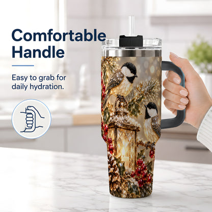 #pl[40oz|Black] Winter Chickadee 40oz Tumbler, Lantern and Red Berry Bird Artwork