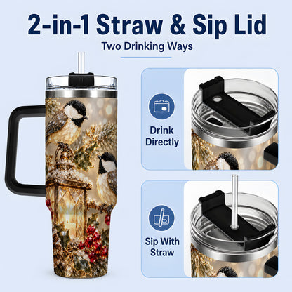 #pl[40oz|Black] Winter Chickadee 40oz Tumbler, Lantern and Red Berry Bird Artwork