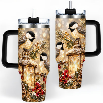 #pl[40oz|Black] Winter Chickadee 40oz Tumbler, Lantern and Red Berry Bird Artwork