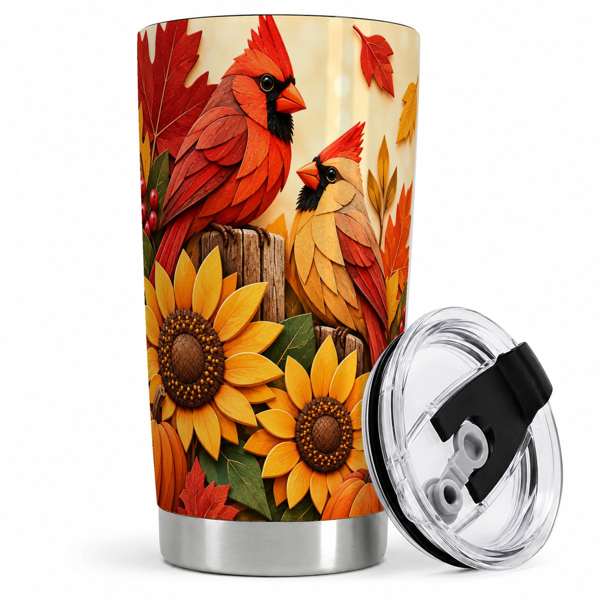 Autumn Cardinal 20oz Tumbler, Sunflower Fall Drinkware for Bird Lovers