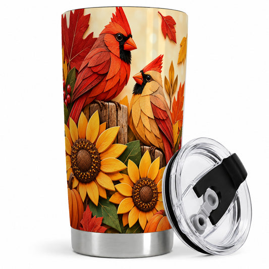 Autumn Cardinal 20oz Tumbler, Sunflower Fall Drinkware for Bird Lovers
