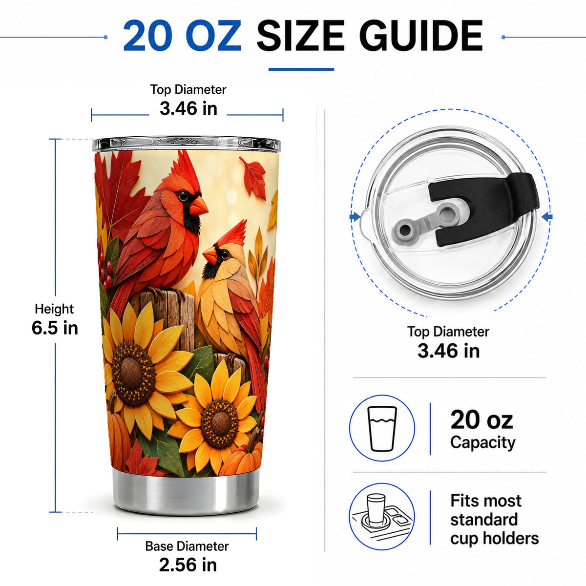 #pl[20oz|Steel] Autumn Cardinal 20oz Tumbler, Sunflower Fall Drinkware for Bird Lovers