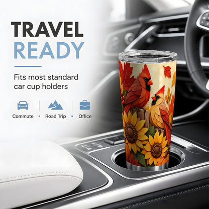 Autumn Cardinal 20oz Tumbler, Sunflower Fall Drinkware for Bird Lovers