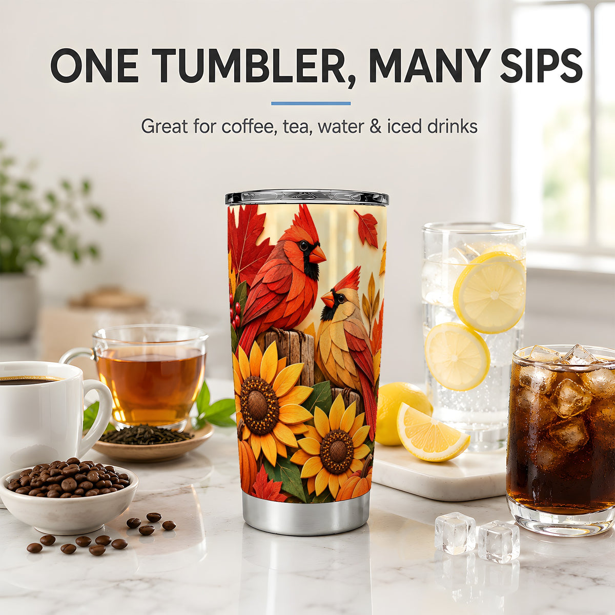 Autumn Cardinal 20oz Tumbler, Sunflower Fall Drinkware for Bird Lovers