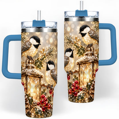 #pl[40oz|Blue] Winter Chickadee 40oz Tumbler, Lantern and Red Berry Bird Artwork